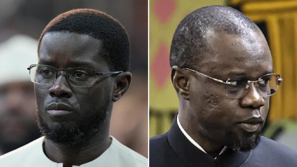 Le président Bassirou Diomaye Faye (à gauche) et son ancien Premier ministre Ousmane Sonko (à droite) lors d'une cérémonie officielle au Sénégal.