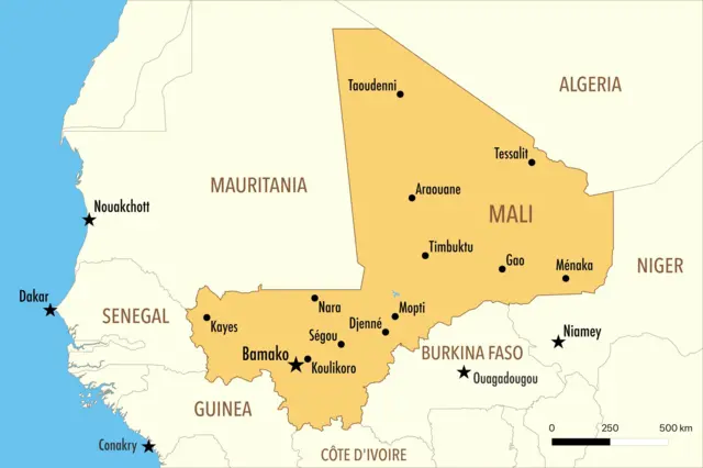 Carte des principales villes et régions du Mali