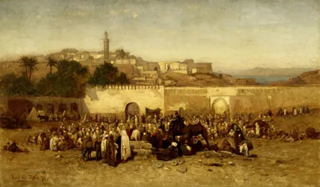 Scène d'un marché marocain au XIXe siècle, symbole des échanges historiques