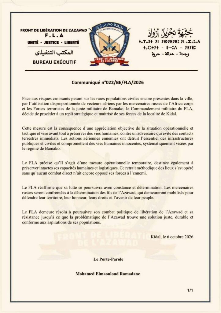 Kidal sous tension : ce que cache le retrait inattendu du FLA au Mali